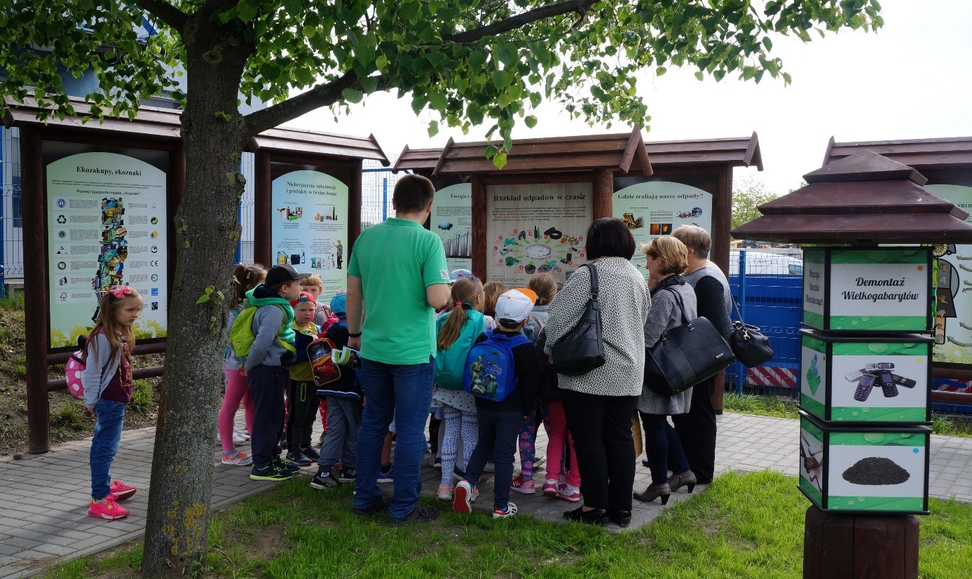 Grupa dzieci oglądająca tablicę przedstawiającą segregację odpadów
